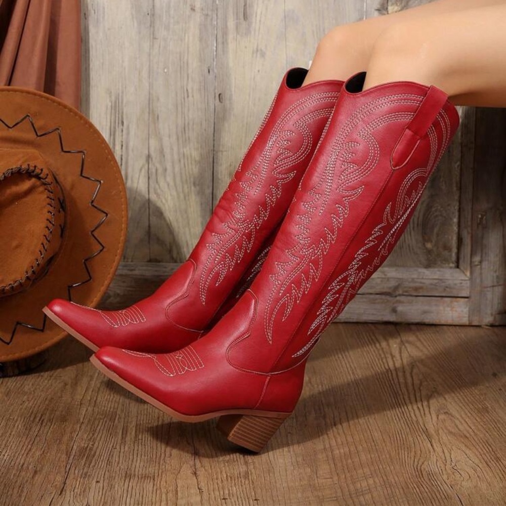 Red Western Cowboy Boots Vegan Leather Embroidered Mid Calf